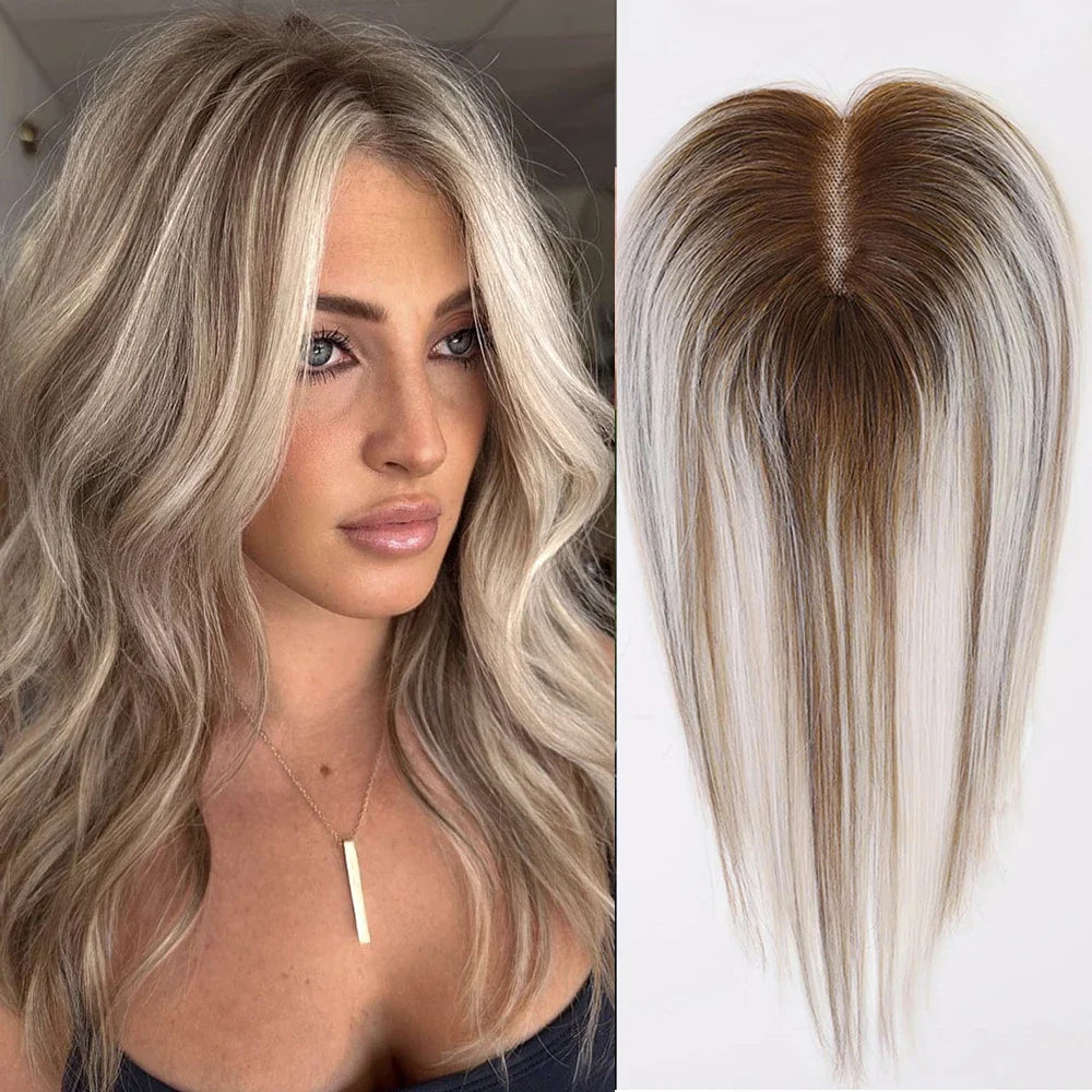Ash Gray Brown 100% Remy Human Hair Toppers Clips-0