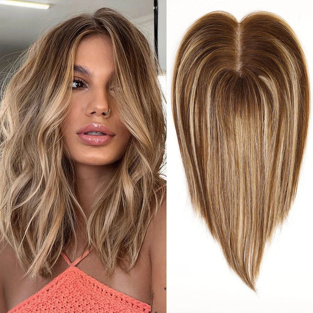 Ash Gray Brown 100% Remy Human Hair Toppers Clips-5