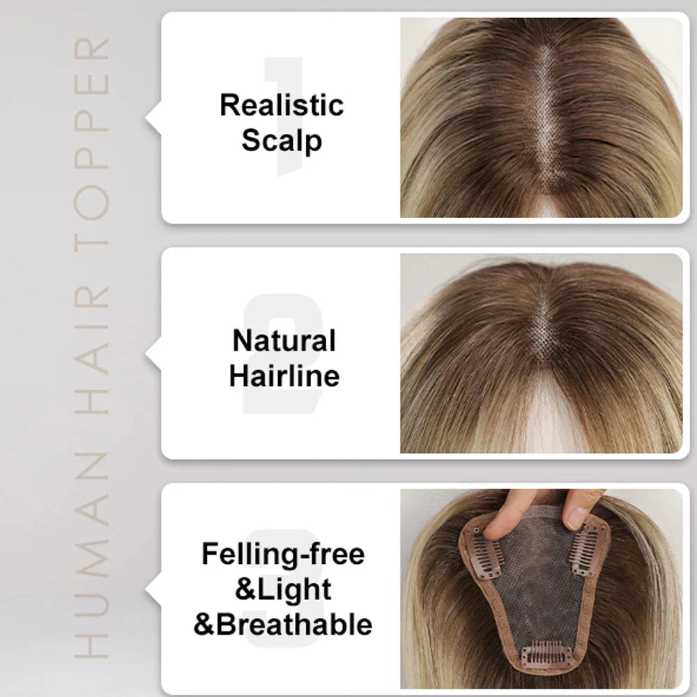 Ash Gray Brown 100% Remy Human Hair Toppers Clips-2