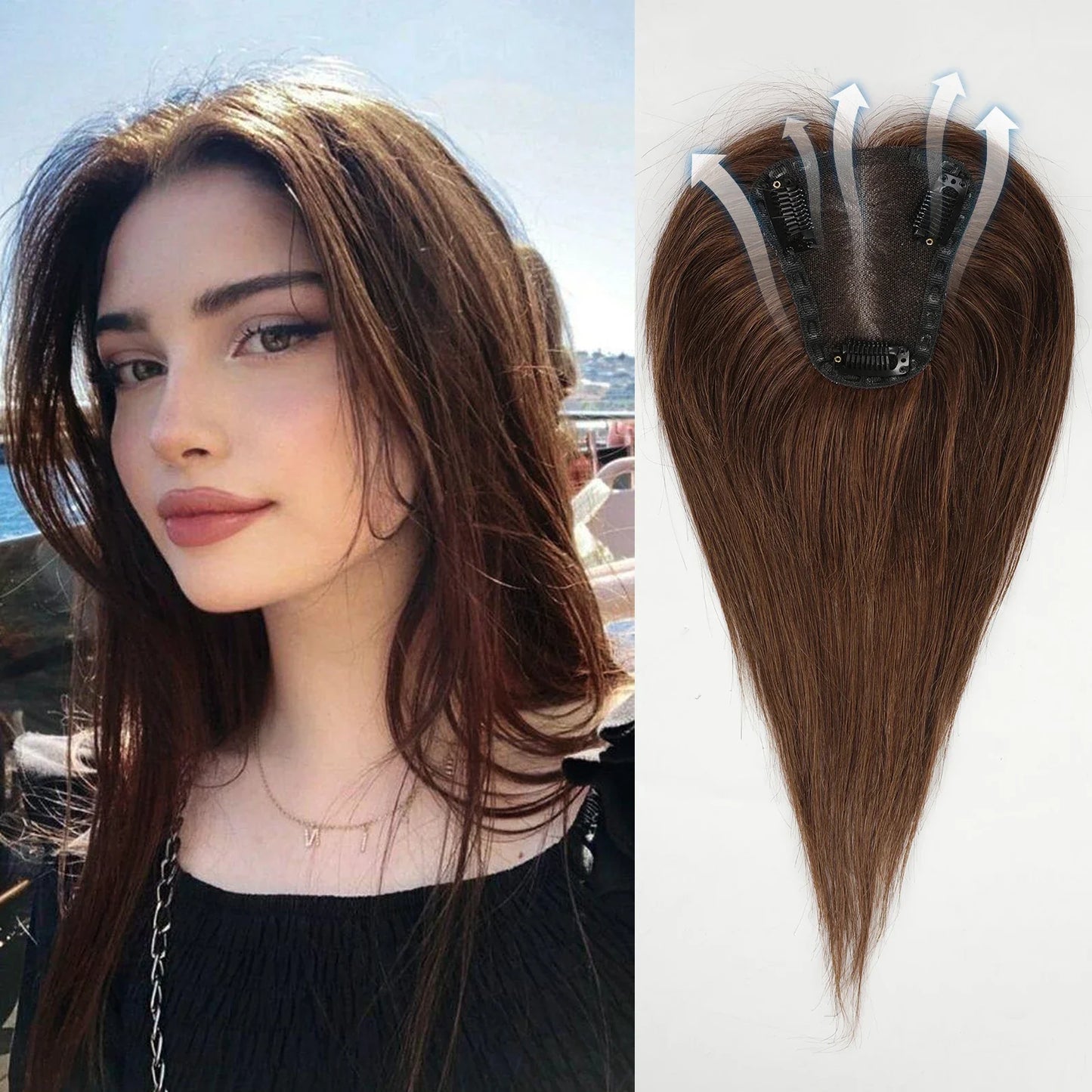Ash Gray Brown 100% Remy Human Hair Toppers Clips-6
