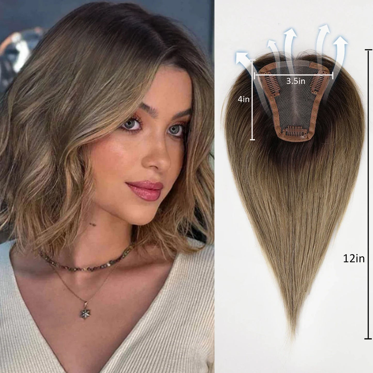 Ash Gray Brown 100% Remy Human Hair Toppers Clips-10