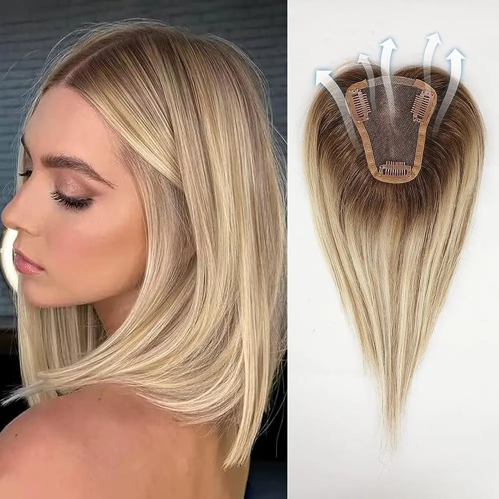 Ash Gray Brown 100% Remy Human Hair Toppers Clips-8